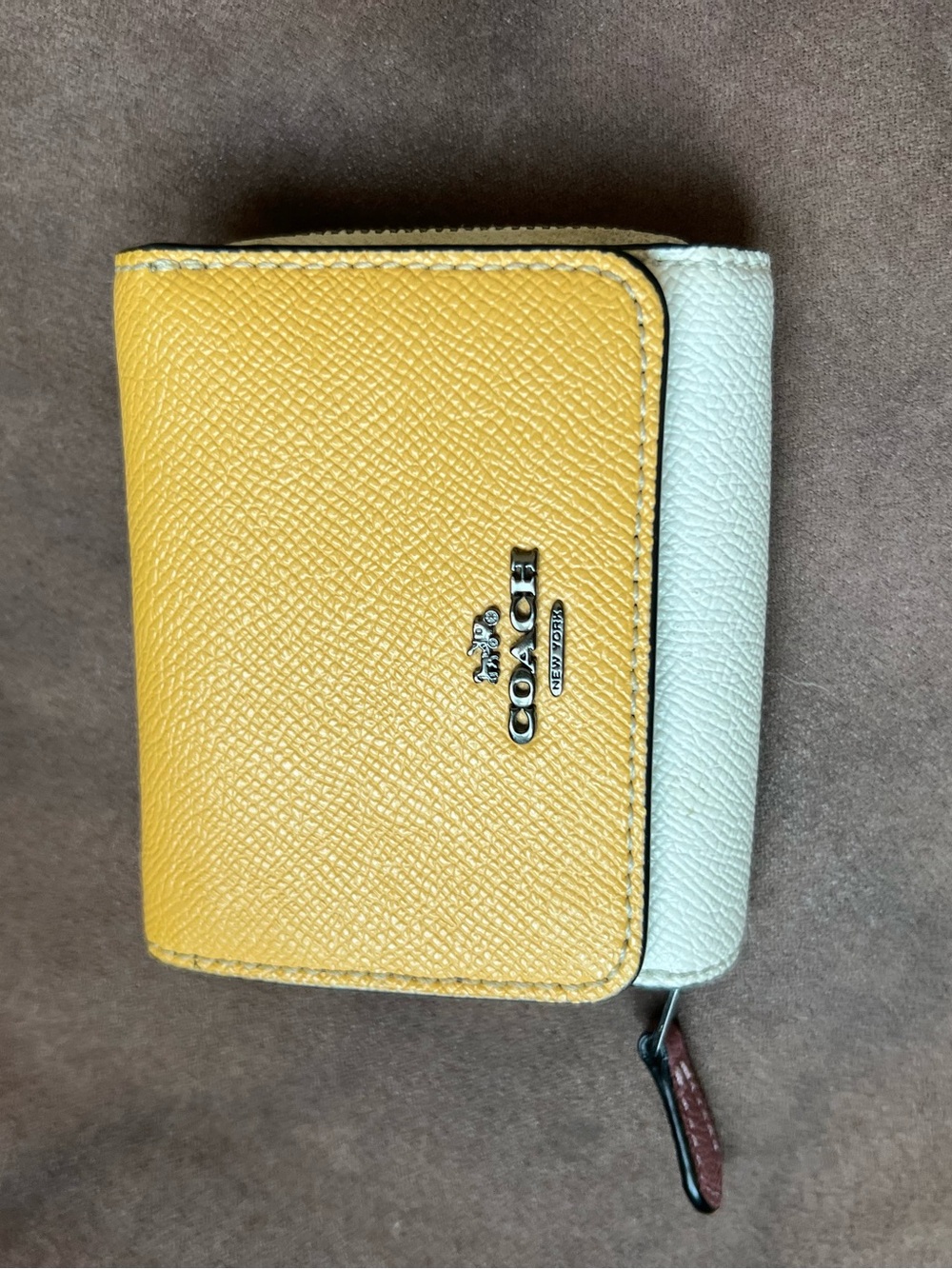 Coach Yellow & Cream Leather Compact Wallet with Zip Coin Pocket
